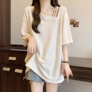 [เสื้อยืดโอเวอร์ไซส์] (50-150 กก.) ผู้หญิง ฤดูร้อน สไตล์เกาหลี เสื้อยืด คอยาว ตัดไม่สม่ำเสมอ ทรงหลวม เสื้อธรรมดา เสื้อยื