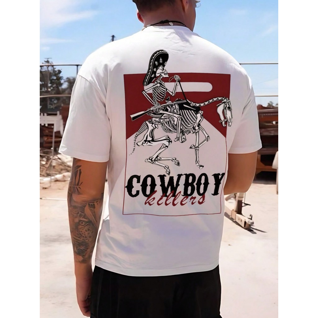 Cowboy Killer คาวบอยนักฆ่าโครงกระดูกกราฟิกประเทศประเดิมผู้ชายแขนสั้นเสื้อยืด