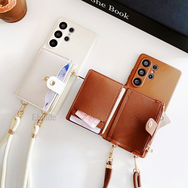 Samsung Galaxy S25 Ultra S24 FE S23 Plus S22 S21 S20 A55 A16 กระเป๋าสตางค์กรณีCrossbody Lanyard PUกระเป๋าหนัง