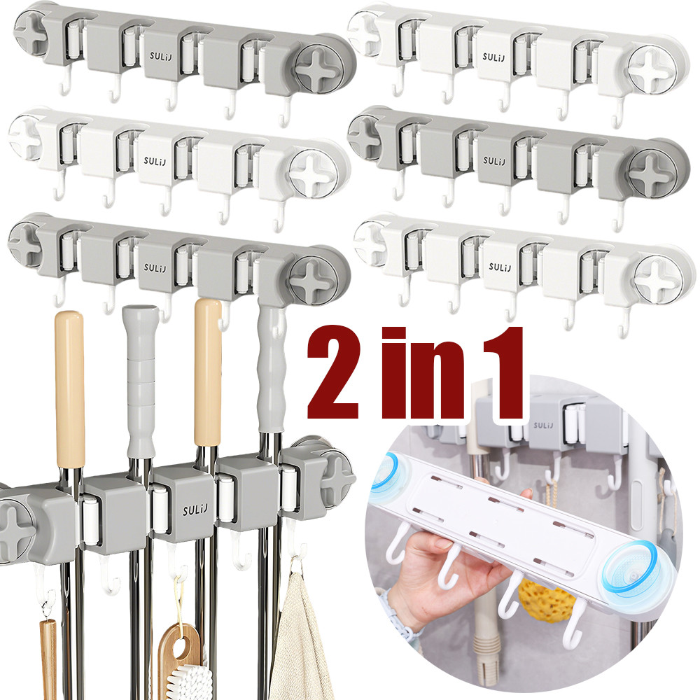 ที่วางไม้กวาดติดผนัง-ชั้นวางของในห้องน้ําวงเล็บคงที่-หมัดฟรีชั้นเก็บกาวในตัวที่แข็งแกร่ง-2 ใน 1ถ้วยดูดซับคลิปด้วยตะขอ