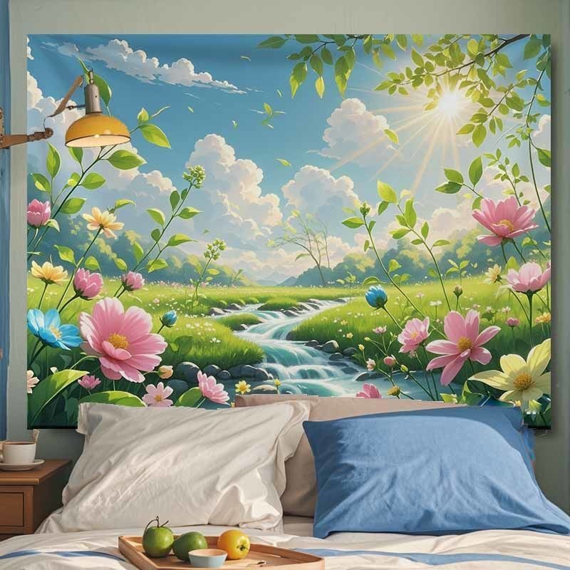 ผ้าพื้นหลังทิวทัศน์ฤดูใบไม้ผลิของอากิร์ ฮายาโอะ มิยาซากิ ผ้าแขวนตกแต่งห้องข้างเตียง ผ้าใบถ่ายทอดสด ผ้าติดผนัง