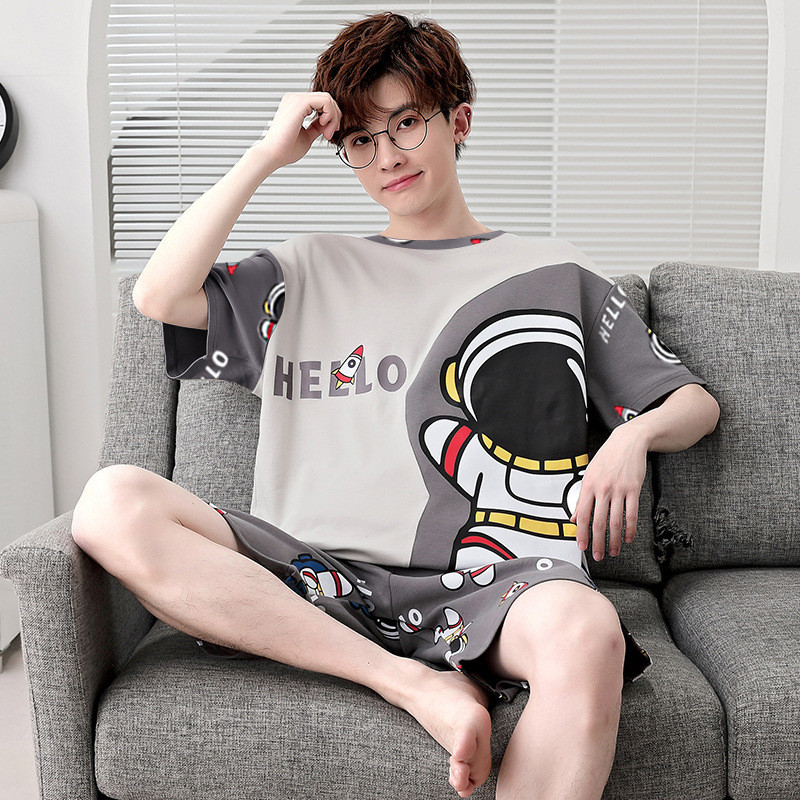 TLHGQ  (มี 14 ลาย)ชุดนอนลําลองผู้ชายฤดูร้อน ผ้าไหมนมสบายแขนสั้นและกางเกงขาสั้นหลายสี