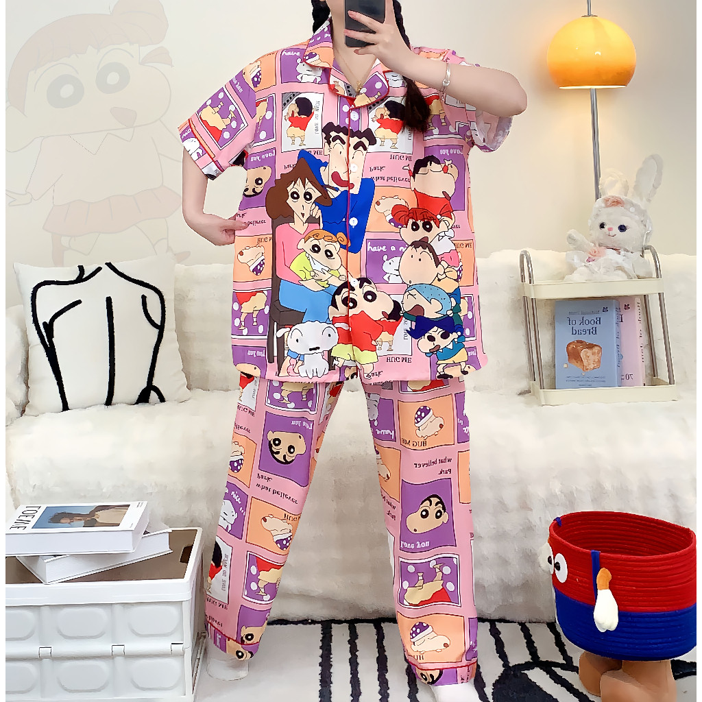 387 E ชุดนอนผู้หญิงผ้าไหมอิตาลีทิ้งตัว ชุดนอนโอเวอร์ไซส์ อก 46 แขนสั้น ขายาว ฟรีไซส์ ใส่สบาย (สินค้าพร้อมส่ง) - รูปที่ 4