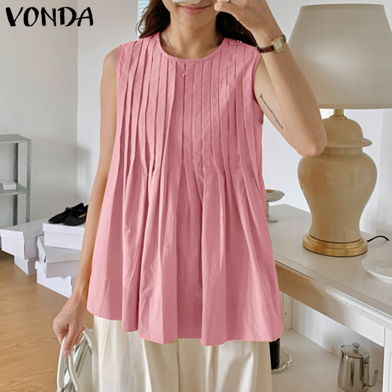 VONDA ผู้หญิงเกาหลีคอลูกเรือสีทึบจีบแขนกุดถังลําลอง ราคา ถูกที่สุด ดีลบีเคเค แกลเลอรีภาพที่ 5
