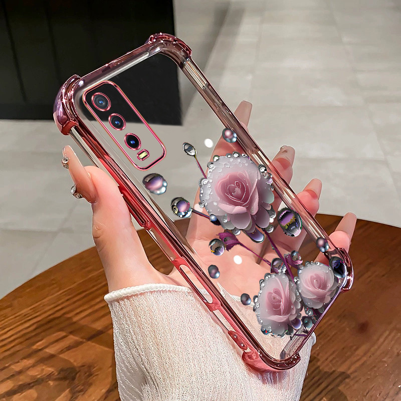 สําหรับ VIVO Y20 Y12S Y20S Y20i Y20A เคสโทรศัพท์ดอกไม้สีชมพู bud สี่มุมซิลิโคน TPU โปร่งใส soft shel