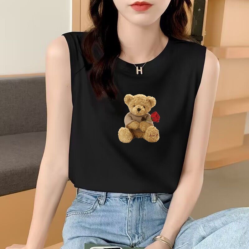 NEW เสื้อแขนกุด ลายหมีถือดอกกุหลาบ แขนกุดผู้หญิง น่ารักๆ OP-1089