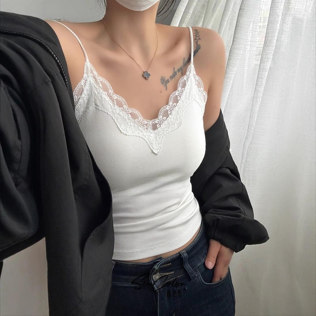 2035 เสื้อสายเดี่ยวมีบราในตัว ลายลูกไม้ ใส่สบาย ไปได้ทุกโอกาส Built-in Bra camisole – โปรปัง