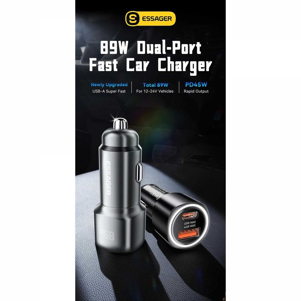 Car Charger Fast Charging ไฟ LED USB Type C พอร์ต 89W - ESSAGER