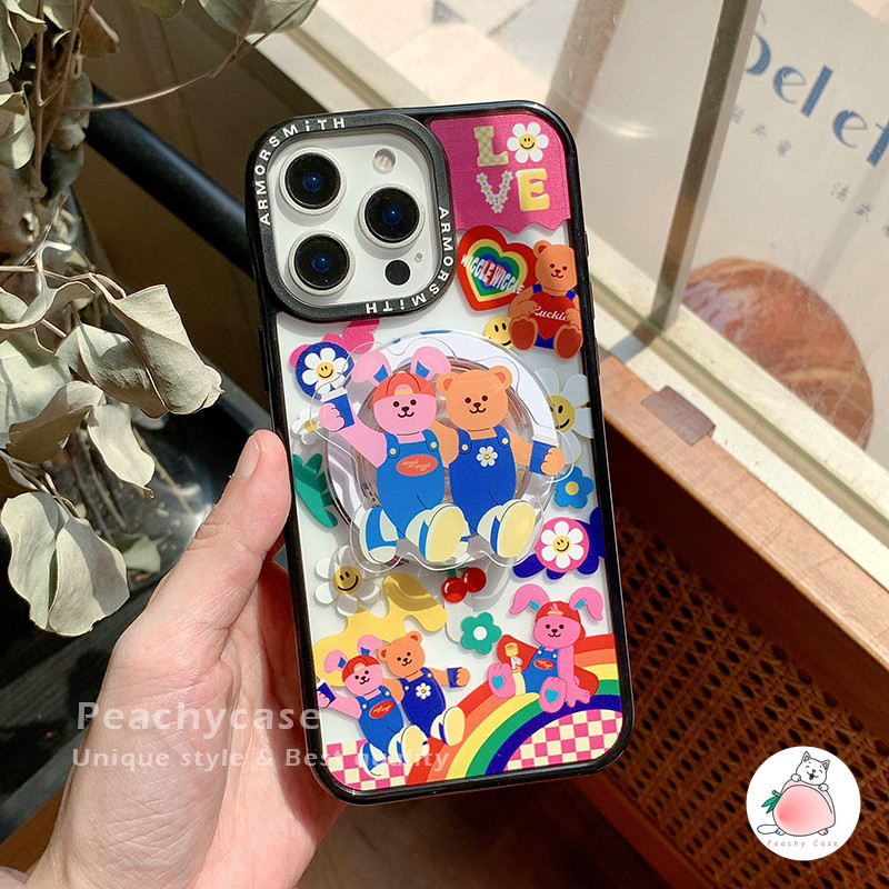 น่ารัก ยิ้มดอกไม้Wiggleกระต่ายหมีผู้ถือไร้สายชาร์จเคสโทรศัพท์เข้ากันได้สําหรับiPhone 16 15 Plus 14 13 12 Pro Max 11 พร้อมโซ่Anti-scratch Hard PCปกหลังShell - รูปที่ 3