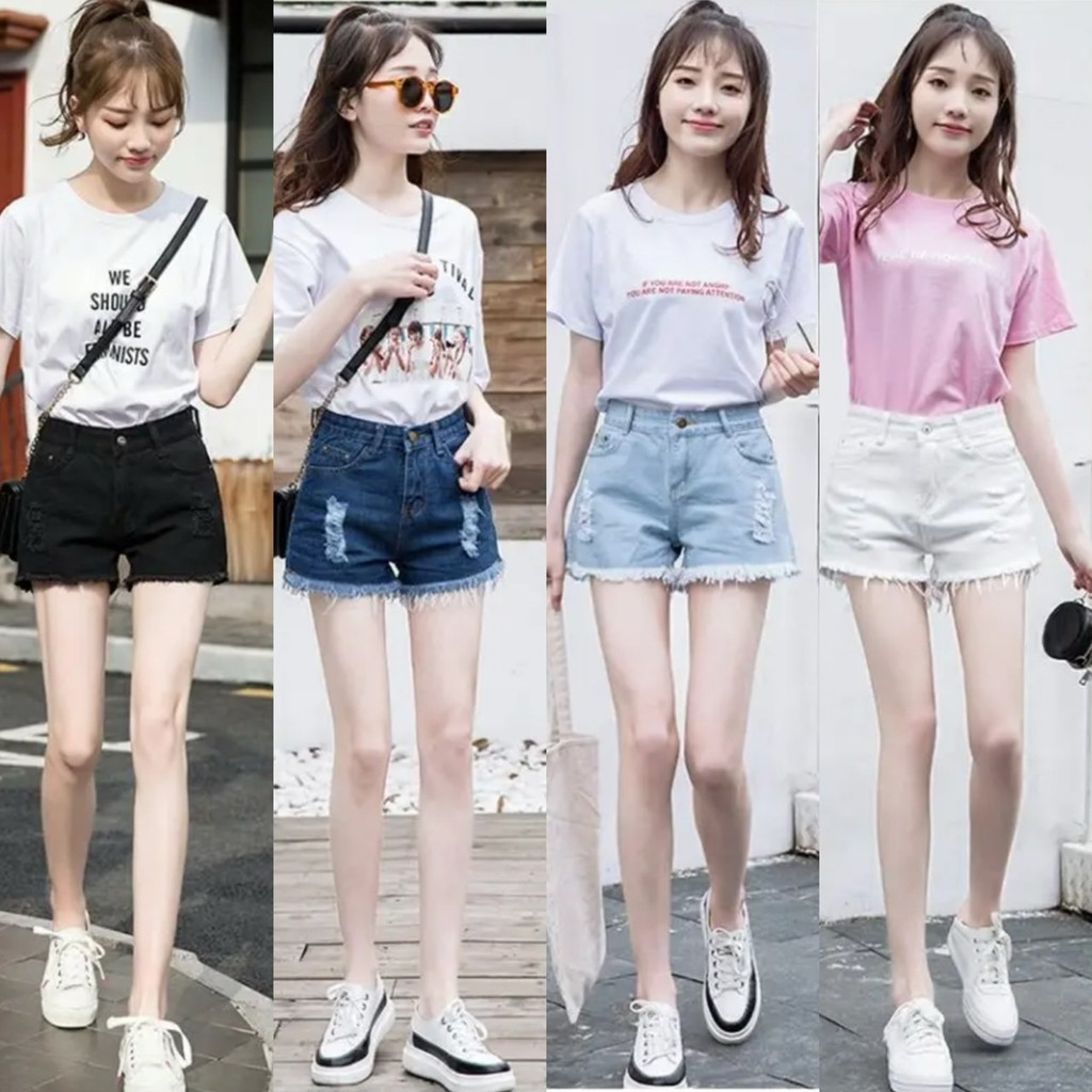 MKL  กางเกงยีนส์ขาสั้น แต่งขาด ทรงน่ารักเข้ารูป ปลายรุ่ย ✨#2032