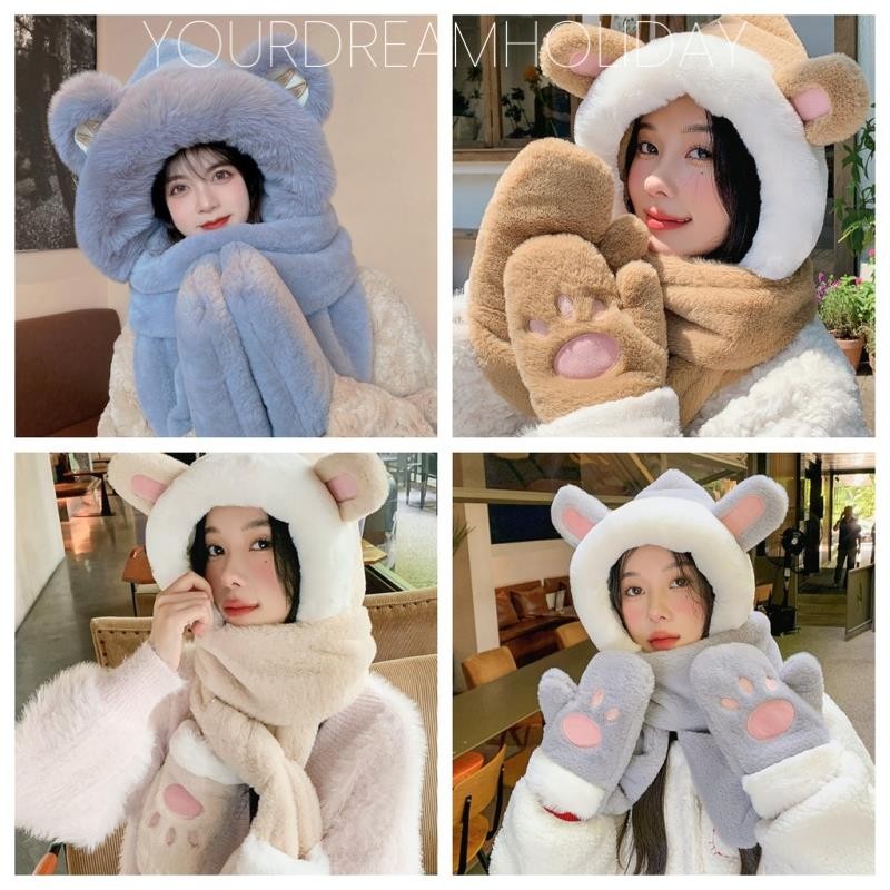 ฤดูหนาว Warm Beanies หมวกผู้หญิงน่ารักหมีหูหมวกผ้าพันคอถุงมือชุด Casual Plush Solid ขนแกะหมวก