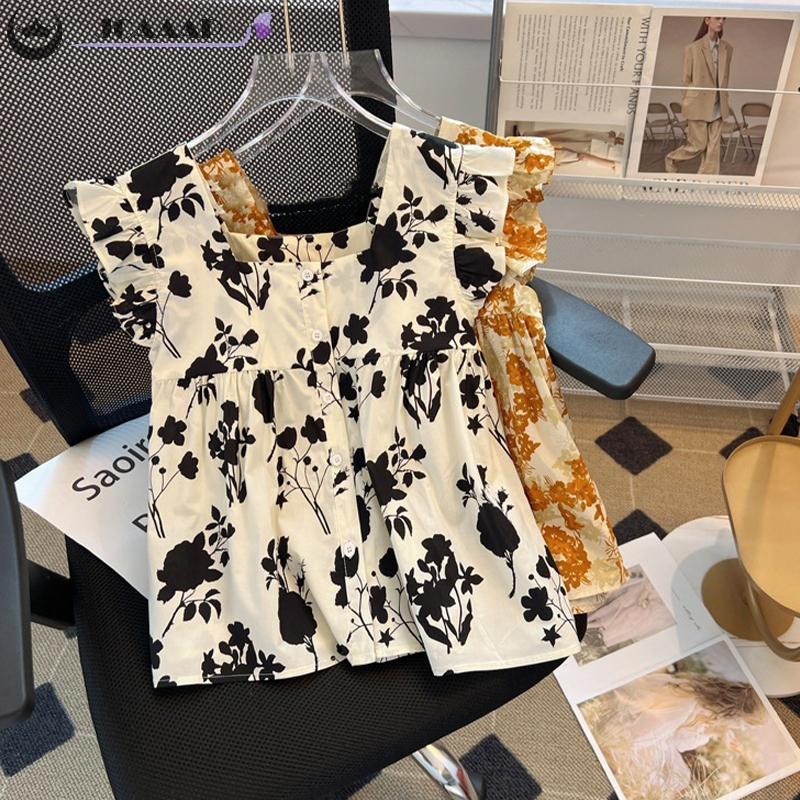 Jcaap ผู้หญิงดอกไม้พิมพ์สแควร์คอเสื้อ Ruffle หมวก Ruffle Crop Top เสื้อสาวร้อน Navel-Over Flying Sleeve เสื้อชีฟอง Th