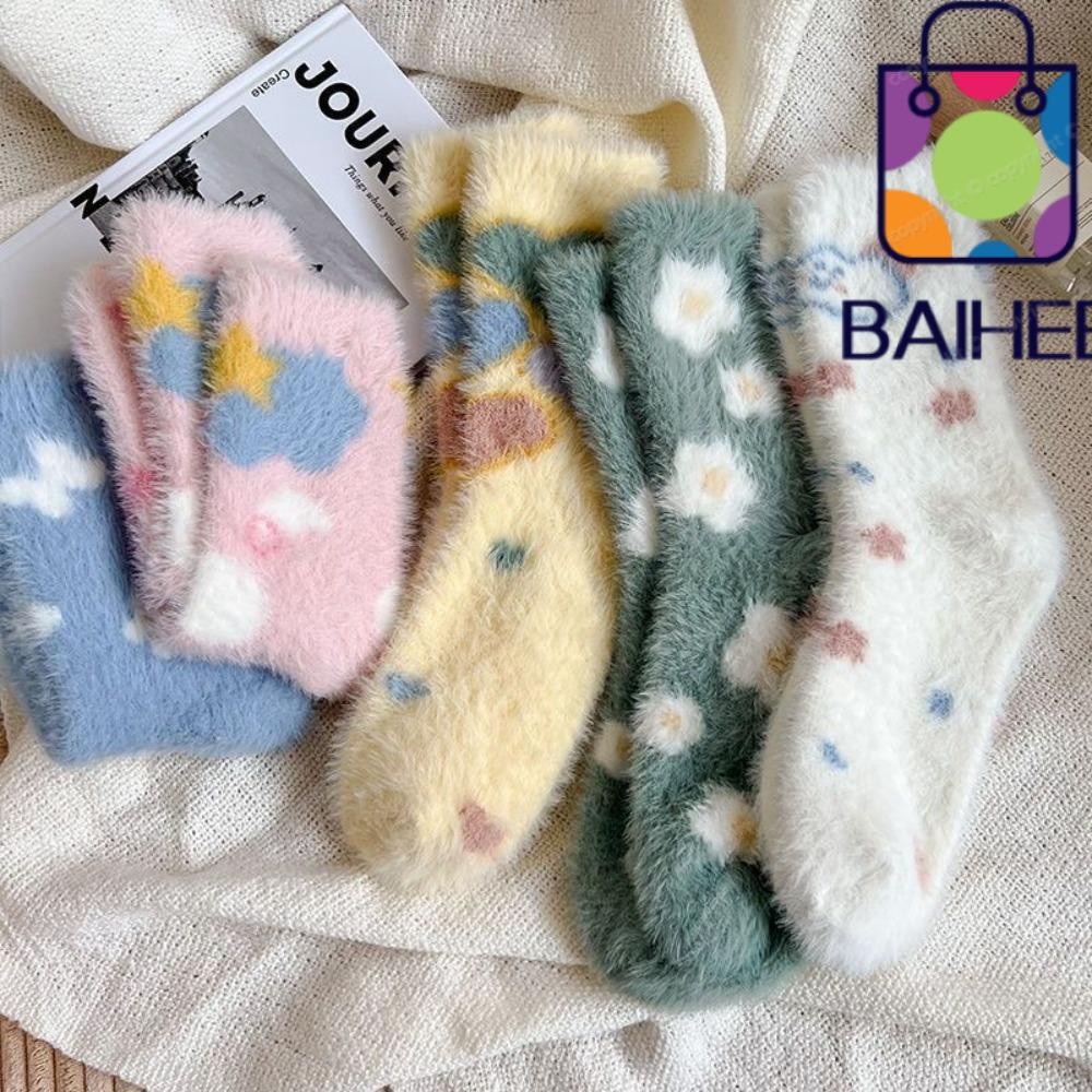 Baihee ถุงเท้าท่อกลาง, Soft Plush Thicken Mink กํามะหยี่ถุงเท้า,หวานอุ่นดอกไม้หัวใจรูปแบบถุงเท้านอนผู้หญิง