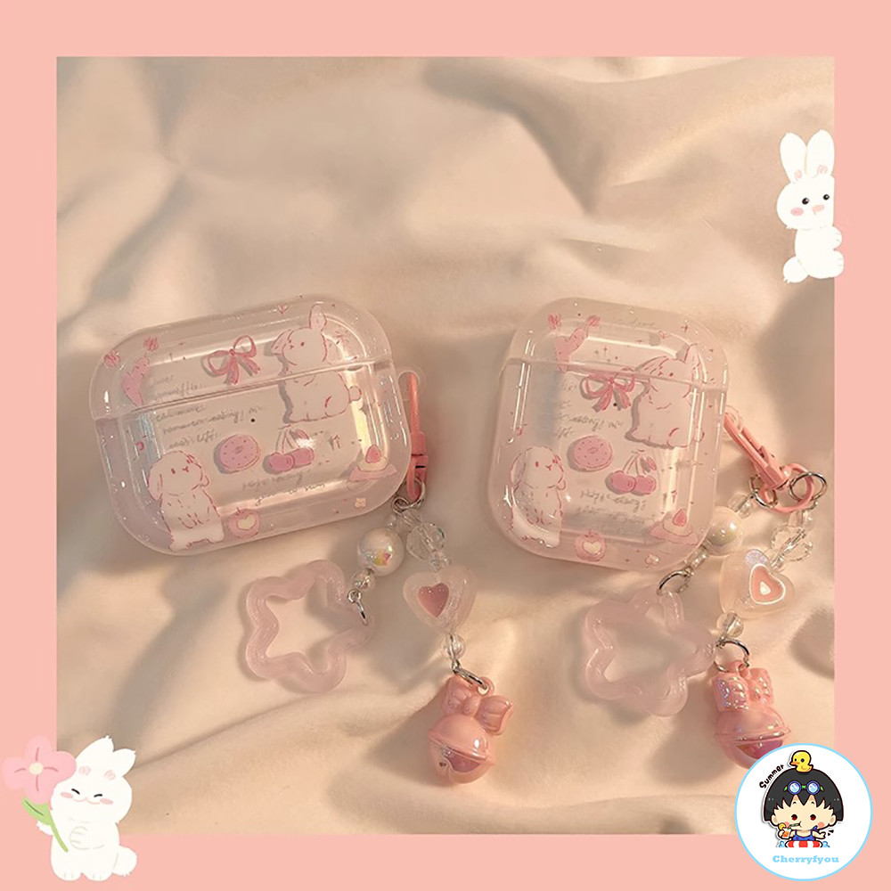 น่ารักกระต่ายสีชมพู Star Bell จี้หูฟังสําหรับ Airpods 1 2 3 4 Pro 2nd Anti-fall กันชนไร้สายบลูทูธชุดหูฟัง