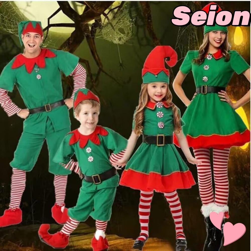 Seion คริสต์มาส Elf เครื่องแต่งกาย, เด็กผู้ใหญ่สาวชุดแฟนซีครอบครัวชุดจับคู่, ปี 2024 สีเขียว Xmas ชุดคอสเพลย์เสื้อผ้า