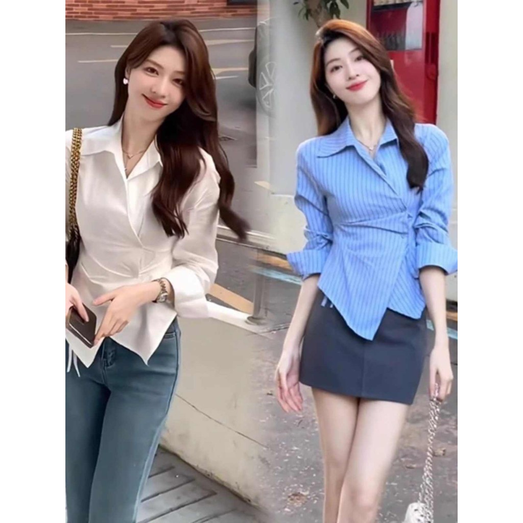 Dahong W402 เสื้อเชิ้ตแขนยาว เข้ารูป เอวแคบ แฟชั่นเกาหลี เสื้อเชิ้ตสีขาว สําหรับผู้หญิง เอวลอย แฟชั่นฤดูใบไม้ผลิ