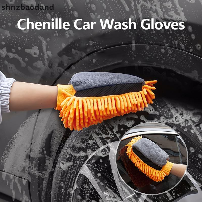 [NZSH] 1pcs กันน้ําล้างรถไมโครไฟเบอร์ Chenille ถุงมือหนารถทําความสะอาด Mitt Wax Detailing Brush Auto Care ถุงมือสองหน้า YYWD