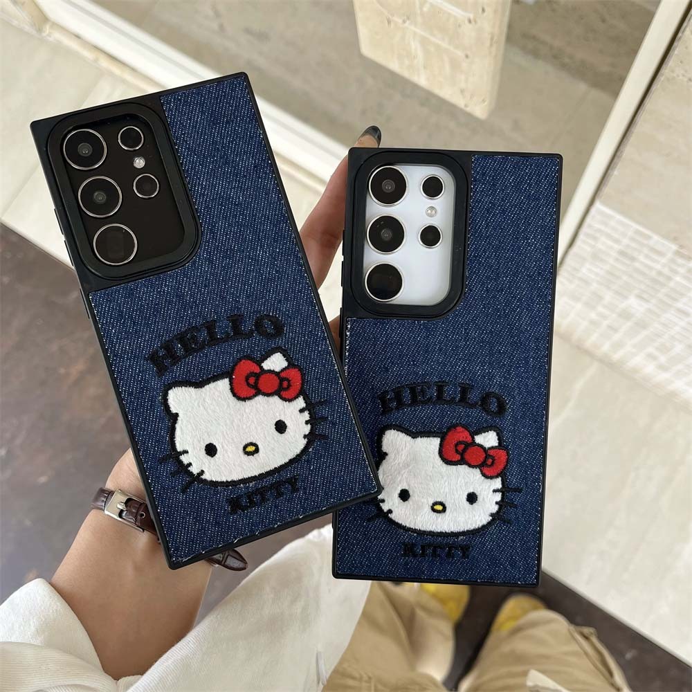 Samsung S25ULTRA S24 S23 S20 S21 น่ารัก Hello Kitty ปักเคสโทรศัพท์ผ้ายีนส์สําหรับ Samsung A05 A55 A25 A35 5G ปกอ่อน