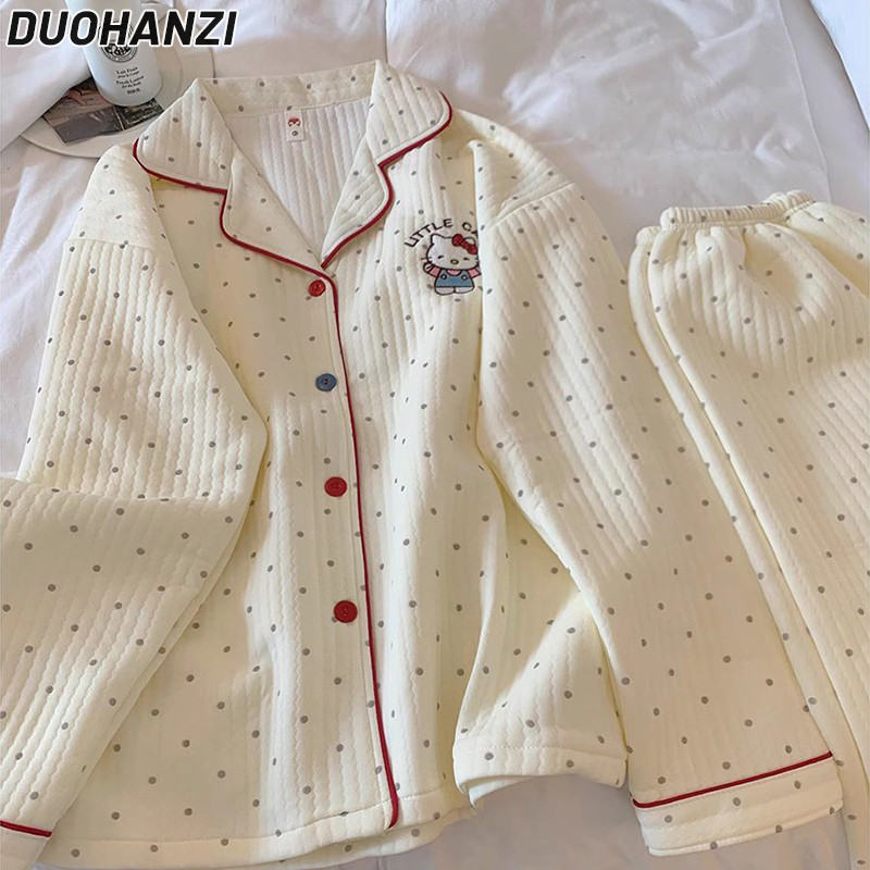 Duohanzi ชุดนอนสตรีThickened Warm หวานการ์ตูน KT แมวชุดนอนสบายๆเสื้อผ้าชุดสองชิ้น