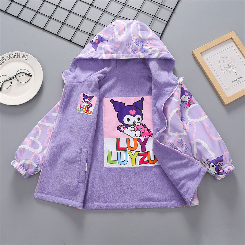 เสื้อโค้ทฤดูใบไม้ผลิและฤดูใบไม้ร่วงของเด็กหญิง Kuromi เสื้อแจ็คเก็ตบุขนกำมะหยี่รุ่นใหม่เด็กสวมสองด้านเสื้อกันลมฤดูใบไม้ร่วงและฤดูหนาว