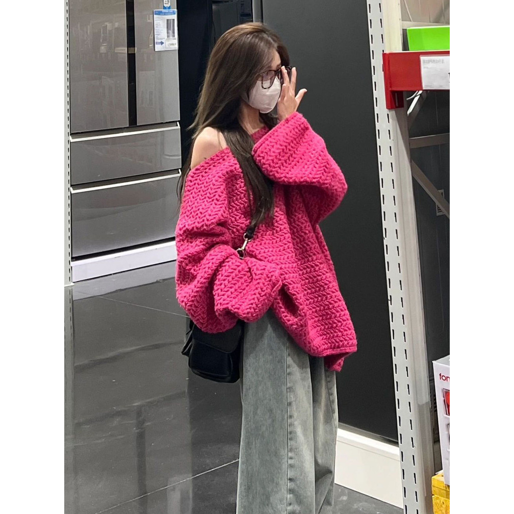 ผู้หญิงฤดูใบไม้ร่วงขนาดใหญ่แขนยาวหลวมถักเสื้อกันหนาว