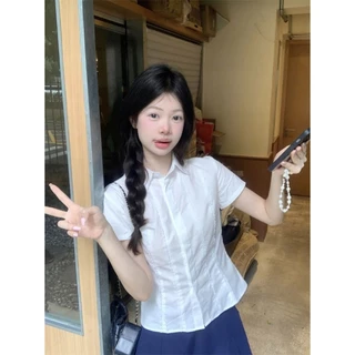 🧡LINNA🧡สีทึบ ลูกไม้ แขนสั้น เสื้อเชิ้ต ความเรียบง่าย เวอร์ชั่นเกาหลี แฟชั่น