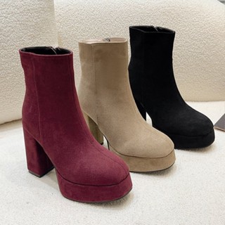 รองเท้าบูทสั้นผู้หญิงพื้นหนารองเท้าบูทมาร์ตินส้นหนาหัวกลมยาง…