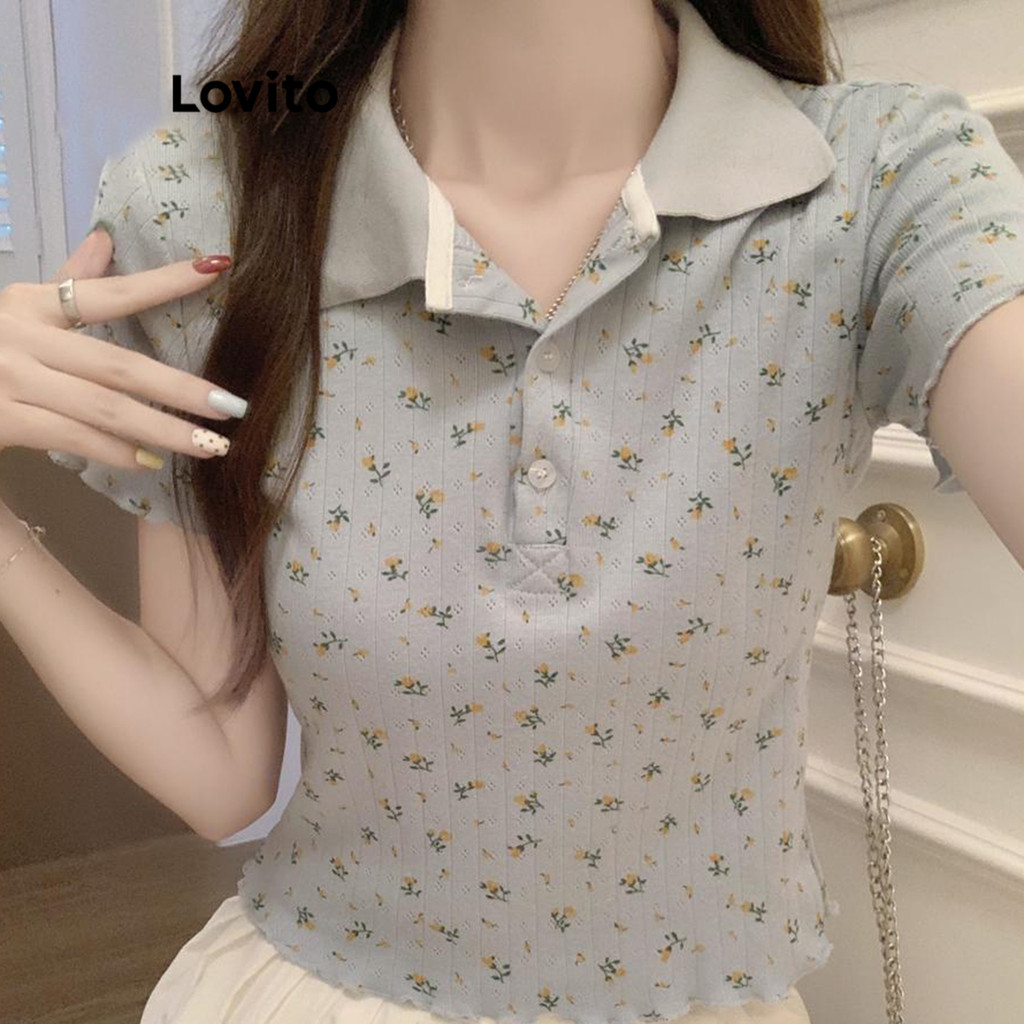 Lovito เสื้อยืดผู้หญิง มีลาย สีพื้น สไตล์ลำลอง LNE62531