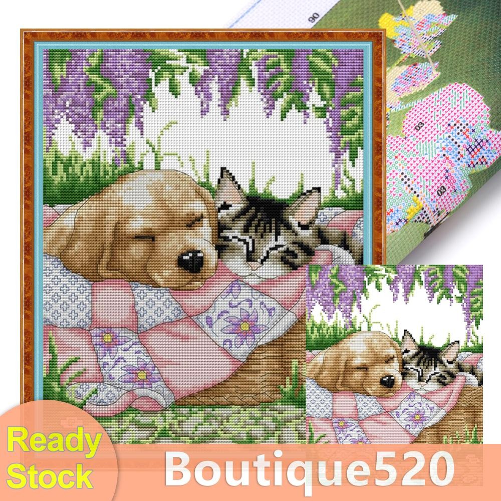เย็บปักถักร้อยบางส่วน Eco-ด้ายฝ้าย 14CT Sleeping Cat Dog Cross Stitch 28x33 ซม. [boutique520.th]