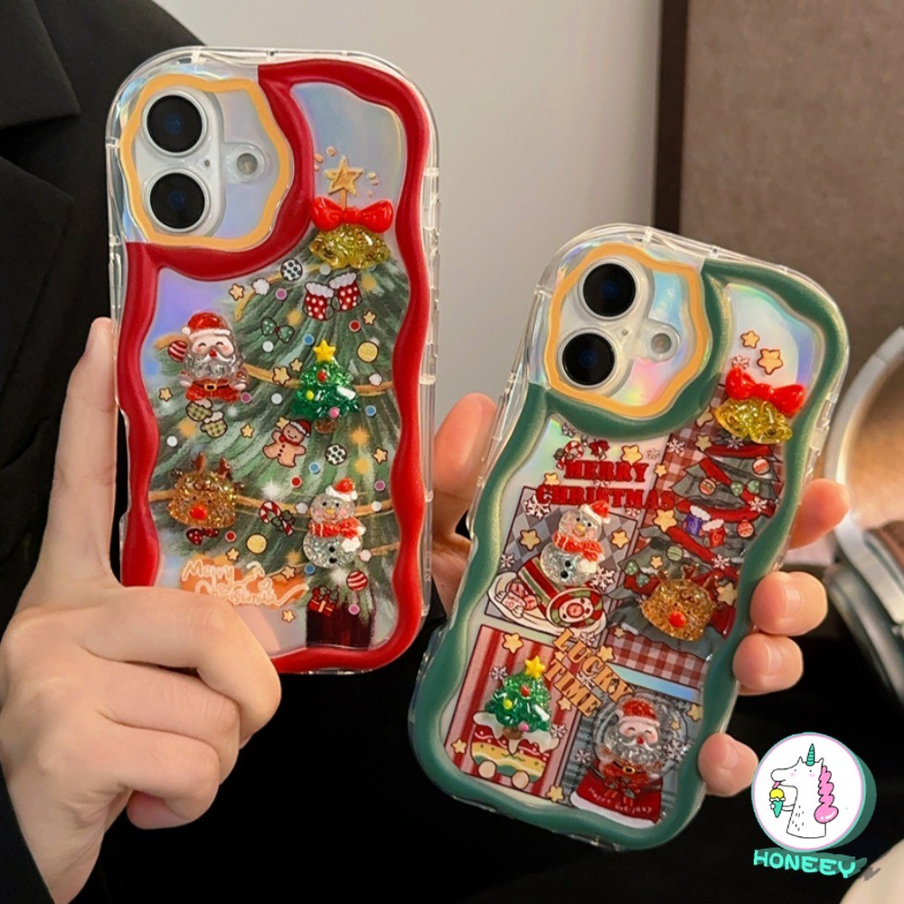 คริสต์มาส 3D คริสตัล Santa Claus กรอบหยักเคสโทรศัพท์สําหรับ IPhone 16 15 14 Plus 13 12 11 Pro Max ต้นคริสต์มาส Snowman Anti-Fingerprint Drop-proof Hard ฝาหลัง