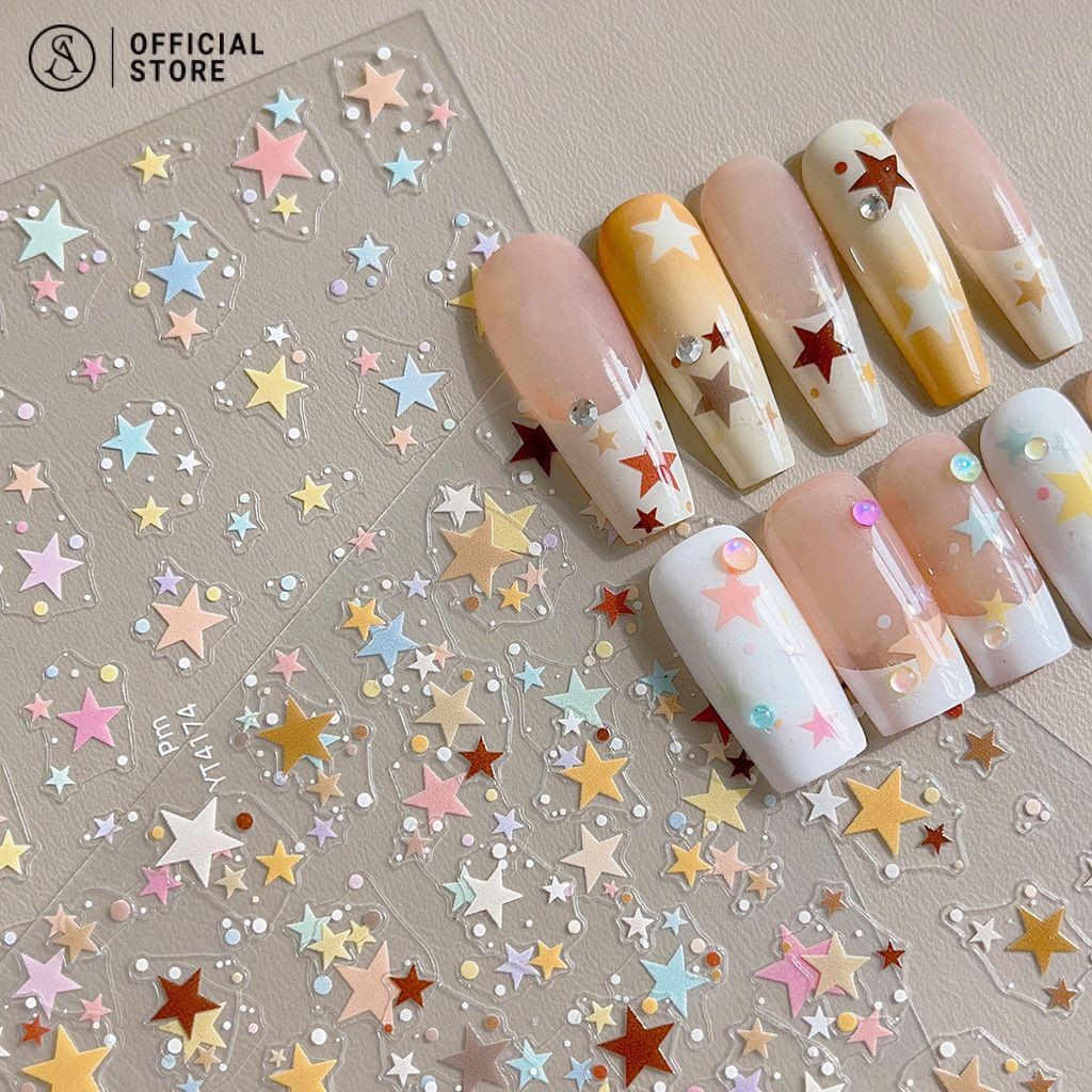 สติ๊กเกอร์เล็บดาวสีสันสดใส บางและเหนียวด้วยสติกเกอร์ตกแต่งเล็บกาว