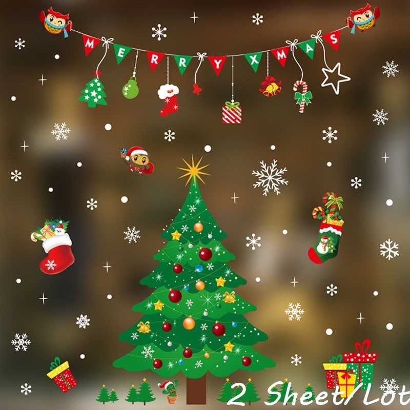 🎄สติกเกอร์คริสต์มาส ลายคริสต์มาส สำหรับตกแต่งประตู หน้าต่าง ตู้โชว์ร้านค้า ตกแต่งบ้าน 2 แผ่น / ม้วน