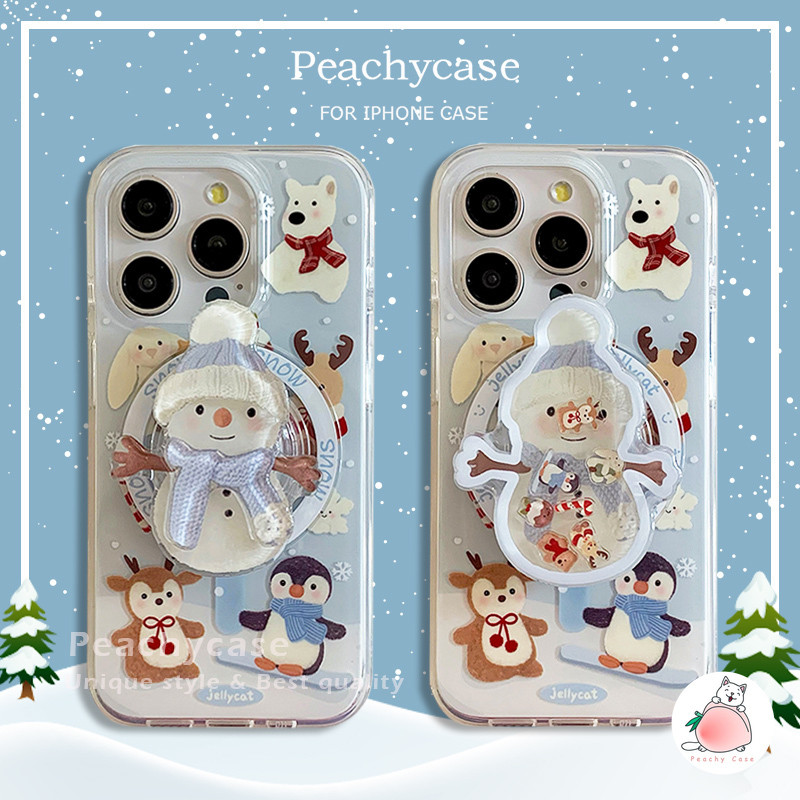 Kawaii Christmas Puppy Snowman Slippable Magnetic Holder ไร้สายชาร์จเคสโทรศัพท์สําหรับ iPhone 16 15 14 13 Pro Max IMD กันกระแทกมือถือปกหลัง