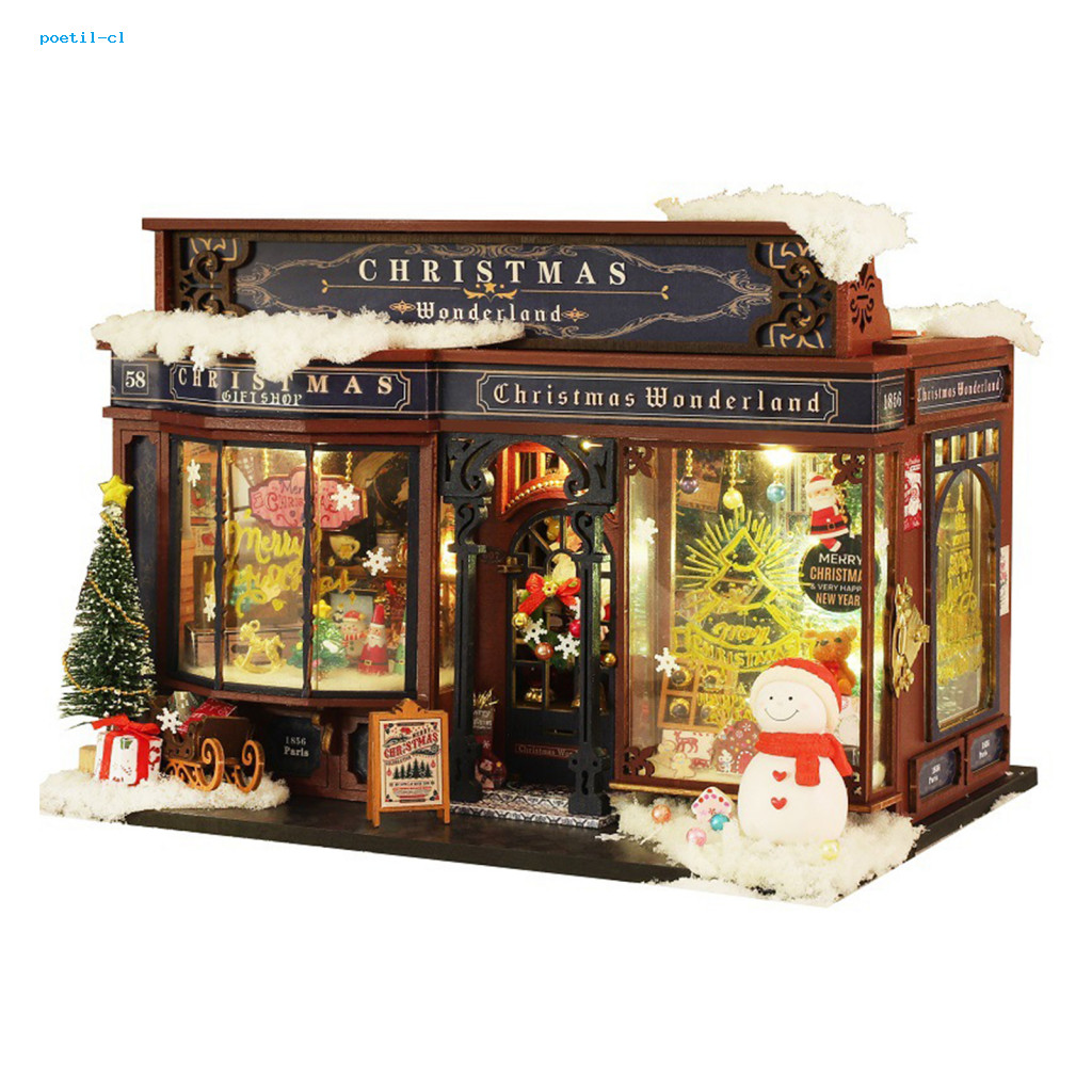 Poetil Diy คริสต์มาส Miniature House Kit Diy ตกแต่งโต๊ะข้างเตียงคริสต์มาส Miniature House Kit พร้อมไฟ Led และเฟอร์นิเจอร์ของขวัญที่สมบูรณ์แบบสําหรับวันเกิดหรือสําหรับเล่นเกม