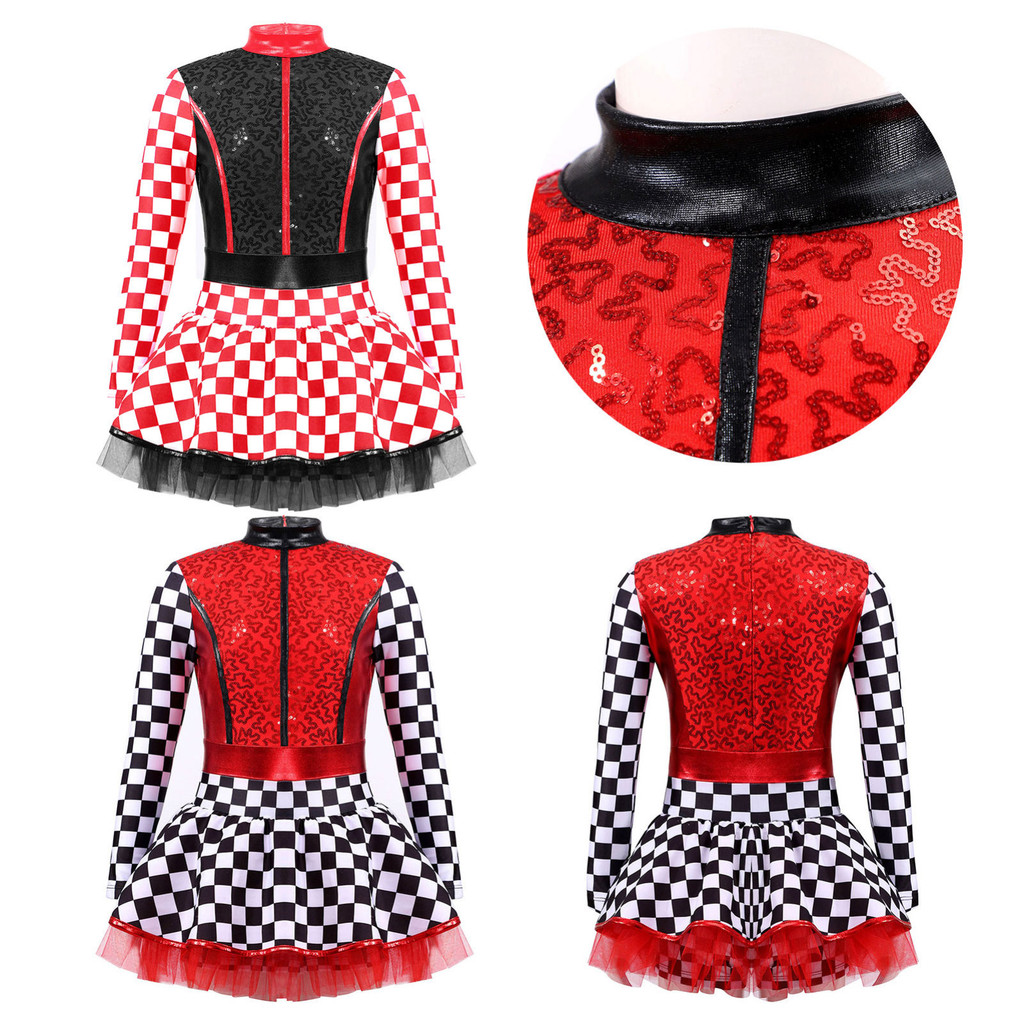 Yartina เด็กผู้หญิง Racer Racing Driver เครื่องแต่งกาย Checkerboard แขนยาว Mock คอเลื่อม Patchwork J