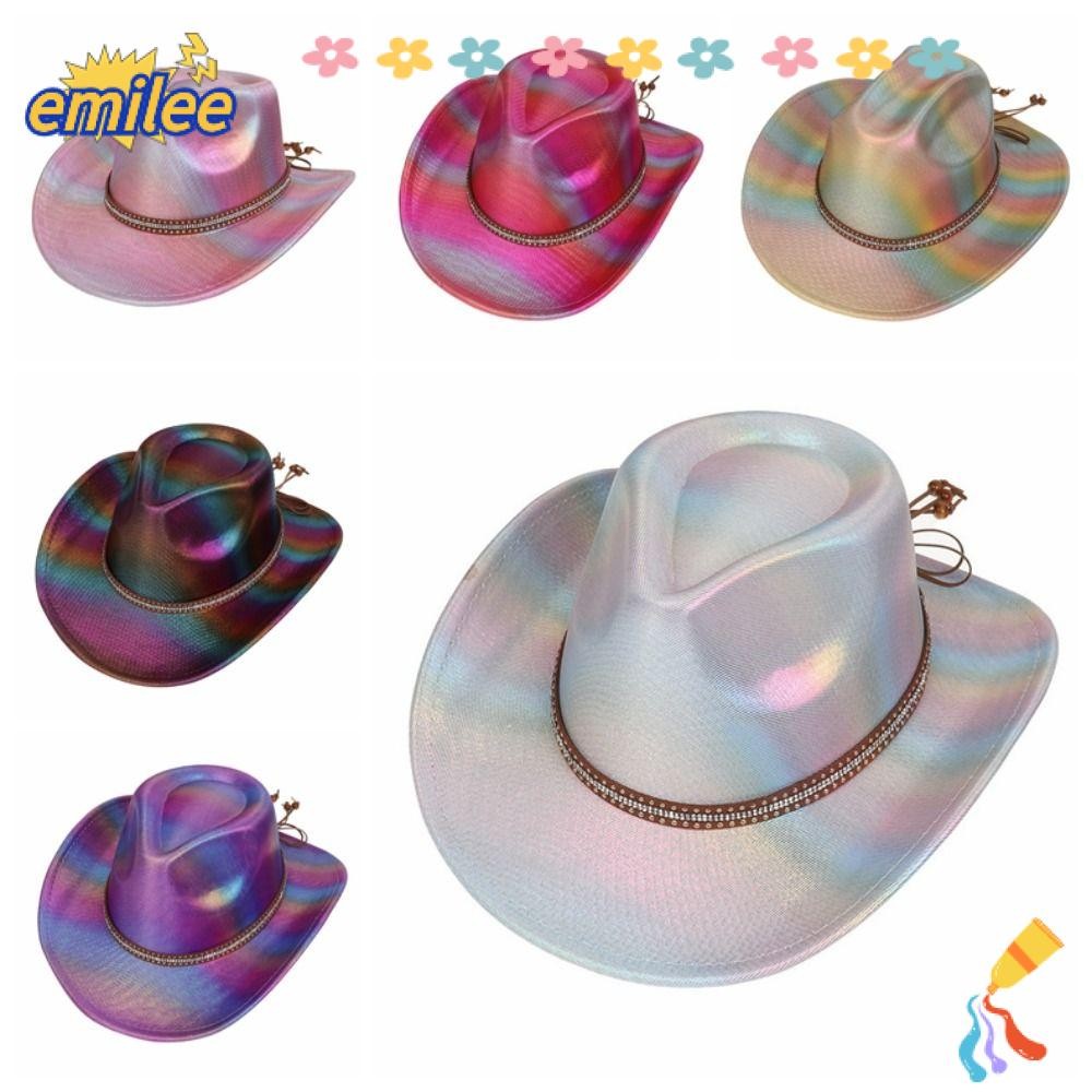 หมวกคาวบอย EMILEE, หมวก Cowgirl ตะวันตก Neon Sparkly, Fun Space Holographic Party Cow Boy Cap Men