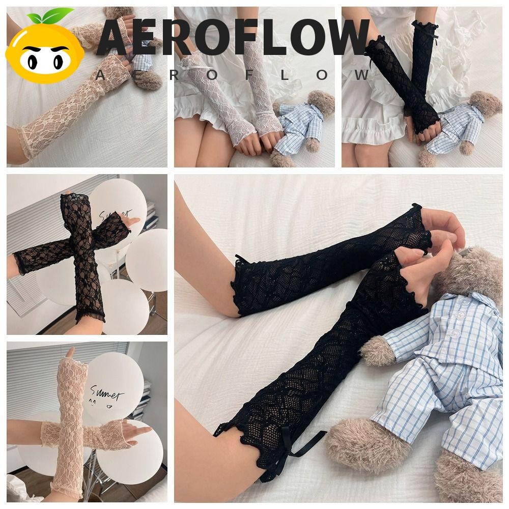 Aeroflow ปลอกแขนลูกไม้, ถุงมือลูกไม้ Fingerless Bowknot, Lolita Ruffle JK Mittens Summer