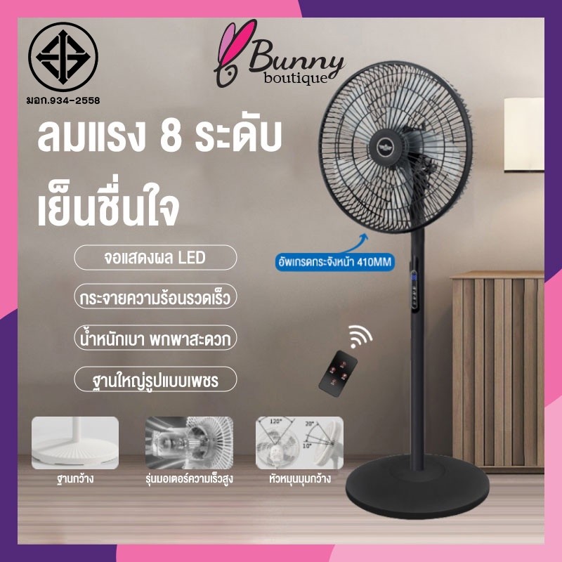 พัดลมรีโมทคอนโทรล ตั้งพื้นในครัวเรือนสีขาว 5 ใบพัด16นิ้วปรับได้ 4 ระดับสั่นหัวได้ ลมแรง เสียงเงียบ