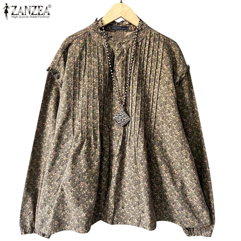 ZANZEA ใส่ ซานเซีย ผู้หญิงวินเทจสบายๆเชื้อราเร้าใจขอบยืนปกเสื้อแขนยาว