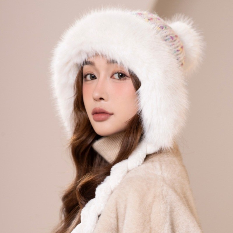 Misskoi [คลังสินค้าพร้อม] ฤดูใบไม้ร่วงฤดูหนาว Plush Lei Feng หมวกหญิงฤดูหนาว Face-ดูขนแกะขนาดเล็กซับหนาถักหมวกทําด้วยผ้าขนสัตว์ Cyc