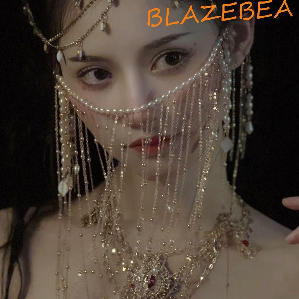 Blazebea โซ่หน้า Hanfu, หน้ากากนางฟ้าสีทองพู่, ภาพถ่ายผ้าคลุมหน้าลึกลับสไตล์จีนสไตล์โบราณที่พูดเกินจริง