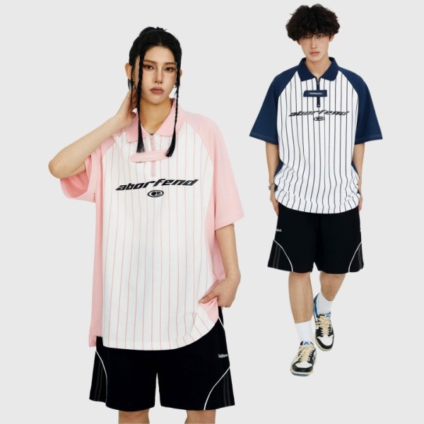 Becoolman-แขนสั้นพิมพ์ลายตัวอักษร  เสื้อโปโลลายทางสีตัดกัน  รุ่นเดียวกันทั้งชายและหญิง ลำลอง ยอดนิยม  ฮิปฮอป  แนววินเทจ