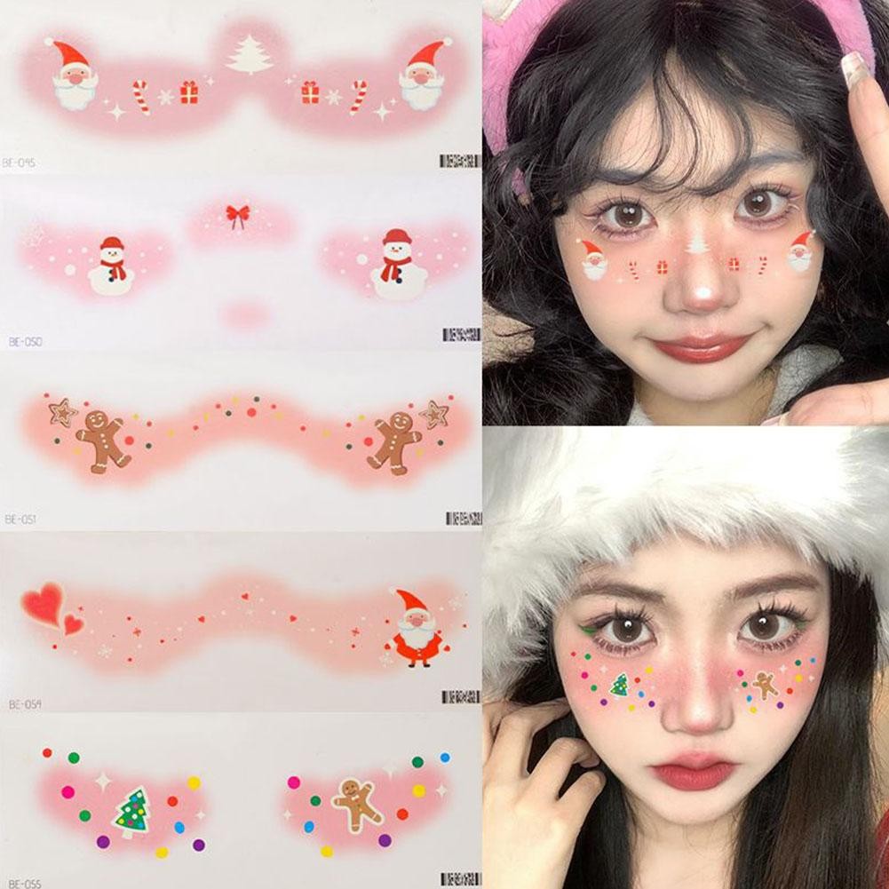 คริสต์มาสสักใบหน้าสติ๊กเกอร์ปีใหม่ความงามหวานน่ารักสติกเกอร์รอยสักพรรคแต่งหน้าสาว ม9n5