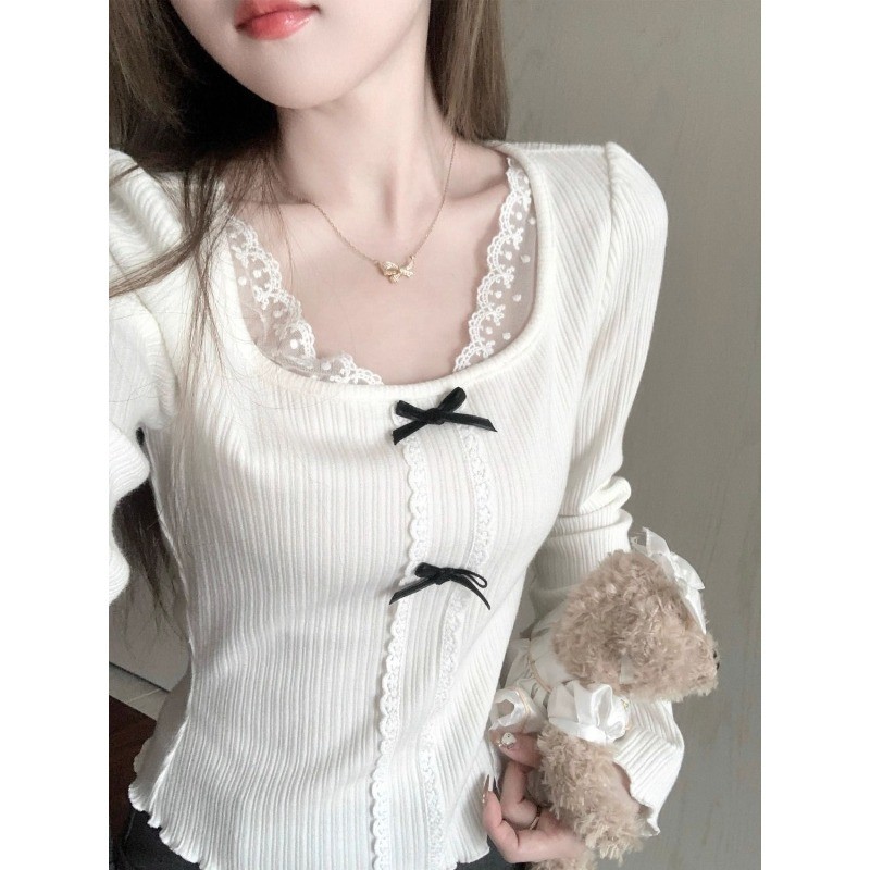 🎀Mona🎀ลูกไม้ ประกบ โบว์ แขนยาว เสื้อเชิ้ต หวาน แฟชั่น