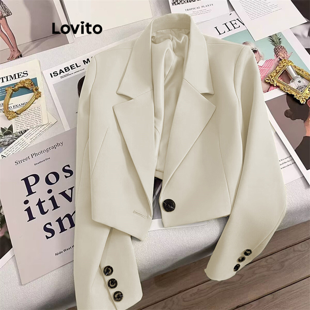 Lovito เสื้อเบลเซอร์ผู้หญิง กระดุมด้านหน้า สีพื้น สไตล์ลำลอง LNL48196