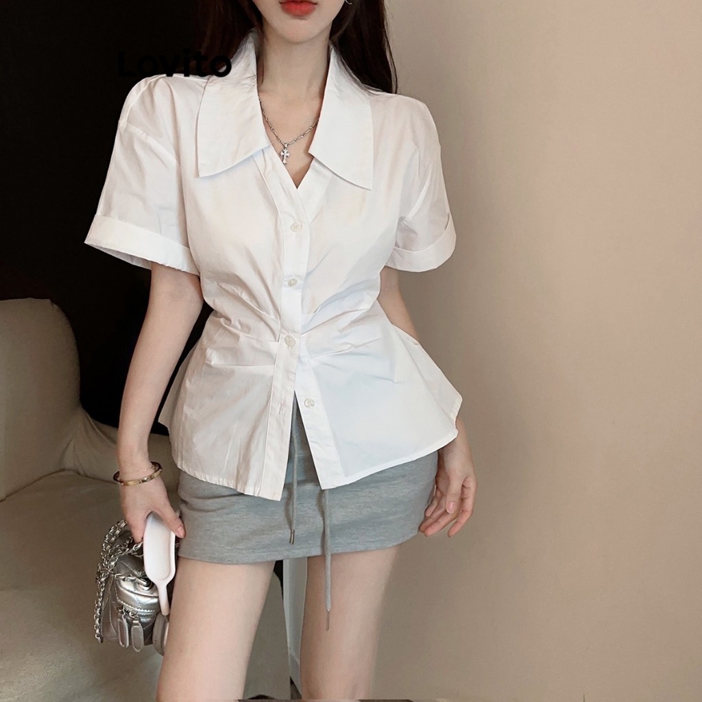Lovito Preppy เสื้อเบลาส์ กระดุมธรรมดา สําหรับผู้หญิง L82AD010