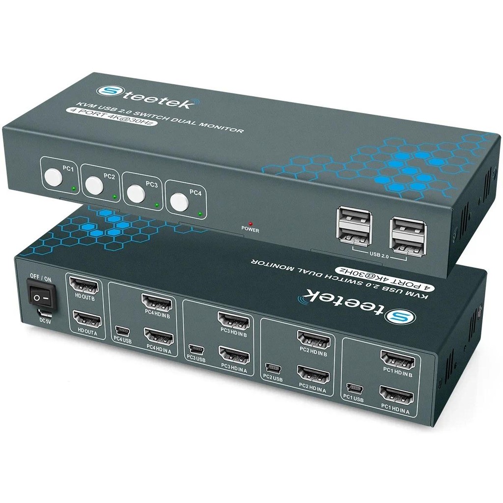 สวิตช์ KVM 4K-Enabled สําหรับสี่พีซี การสลับจอภาพคู่ได้อย่างง่ายดาย Streamline Your Multi-Computer Workflow พร้อมความแม่นยํา