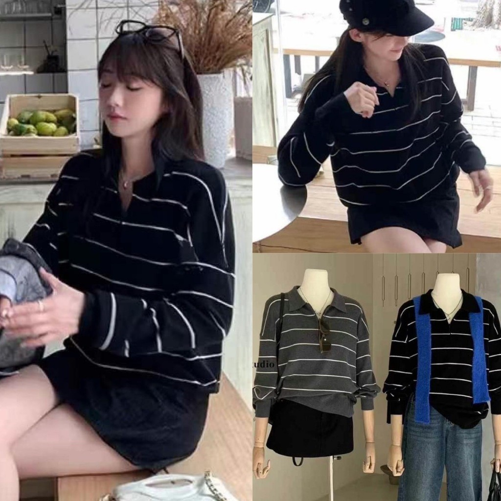 เสื้อแขนยาว W2814 คอปกแต่งซิป ลายขวาง ผ้าทอเนื้อนิ่ม ผ้าดีมาก ทรงเกาหลี ทรงน่ารัก แฟชั่นเกาหลี TAG WG.WE
