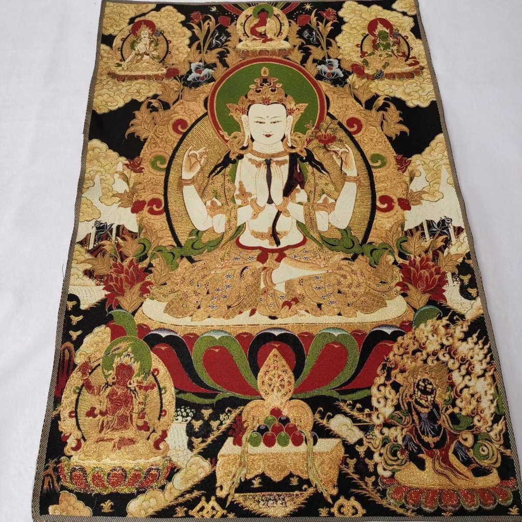 Retro ทิเบตพระพุทธรูปโบรเคด Tangka ภาพวาดเย็บปักถักร้อยทิเบตทองภาพวาดการประดิษฐ์ตัวอักษรผ้าทิเบตพระพุทธรูปรูปปั้นเนปาล Tangka Portrait Brocade เย็บปักถักร้อย Samantabhadra พระโพธิสัตว์ขนาดใหญ่สีดํา Sky สีเหลืองพระเจ้า