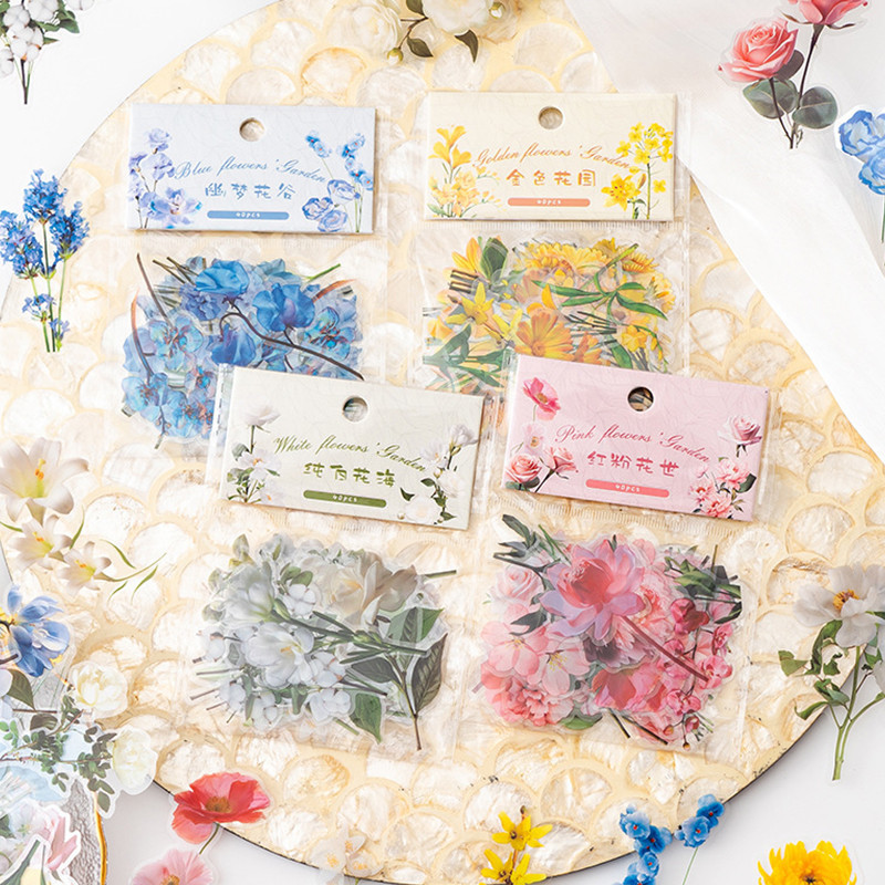 40 ชิ้นดอกไม้บานที่สวยงามในสติกเกอร์ PET บานสะพรั่ง ชุดสมุด Deco DIY สติกเกอร์